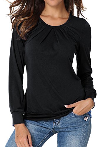 Hiistandd Camiseta de manga larga para mujer, manga larga, cuello redondo, plegable, informal, elástica, camiseta, Negro , M