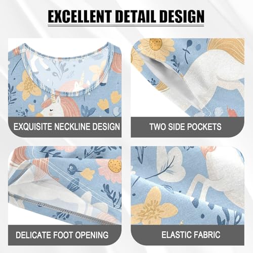 ALAZA Flower Unicorn Blue Cartoon Pajamas Set Short Sleeve Cotton Sleepwear Summer Pjs 2 Piece 5-14Y4