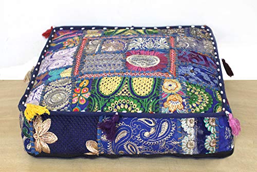 CRAFT KALA Indian Square Patchwork Traditional Pouf Cover Indian Living Room Poufs Decorative Embroidered Designer Ottoman Home Living Footstool Chair Cover Decor Pillow Cover 16x16x5 inches, Blue