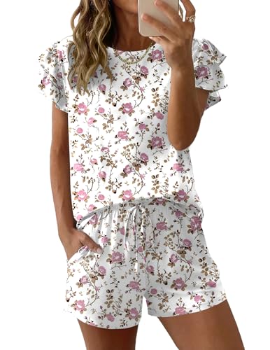 Image of Ekouaer Womens Pajama Sets 2 Piece Ruffle Sleeves Top and Shorts Pjs