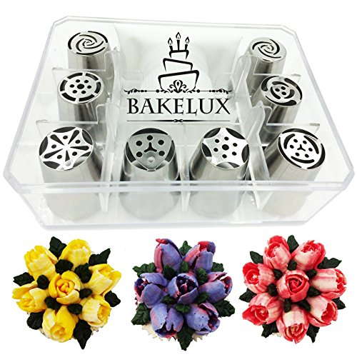 8 Russian Piping Tips With Video Instructions - Coupler, Pastry Bag, Storage Box - Flower Icing Nozzles Tool Set - BakeLux