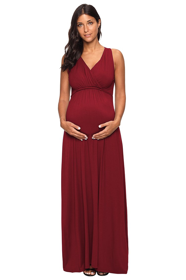 Jezero Women's Ruched Maternity and Nursing Maxi Dress with Adjustable Waist Tie in Regular Wine Red (US) Small