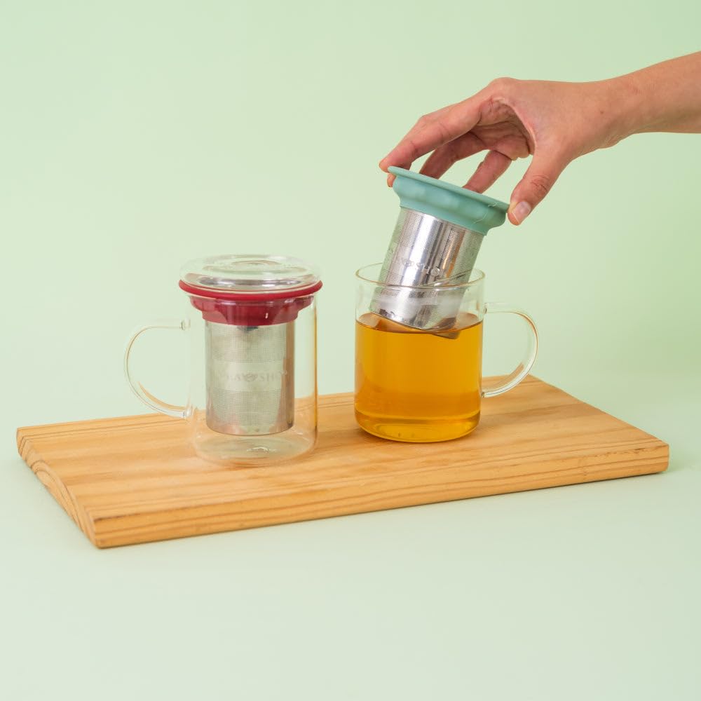 TEA SHOP - Taza de Té o Infusiones Taza de cristal para té o infusiones con filtro y tapa - Taza All in One Sky - Termorresistente con Infusor de Acero Inoxidable y Asa - Termorresistente