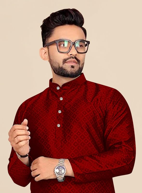 Image of Mens Self Design Cotton Silk Kurta Pyjama Set