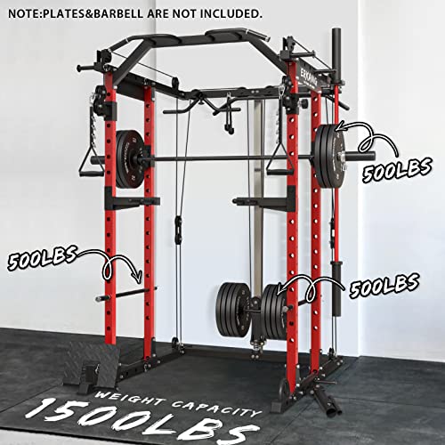 Er Kang Power Cage, 1500Lbs Power Rack Cage With Cable Crossover System, Multi-Function Workout Weight Cage With J-Hooks, Band Pegs, Battle Rope Ring Home Gym(Red Power Cage Only) #TOP2