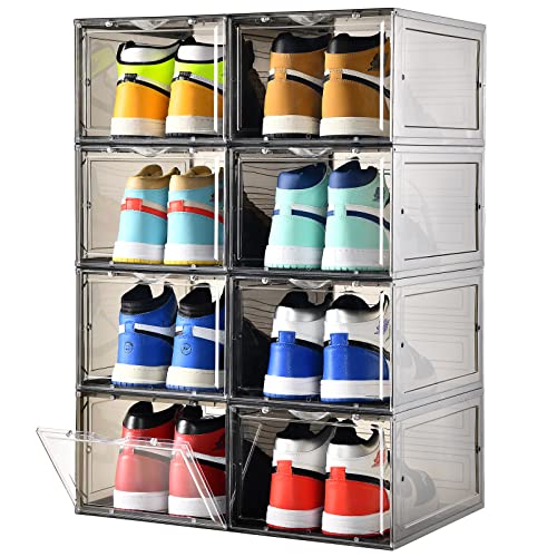 Image of Clemate 8 Pack Shoe Storage Boxes, Clear Plastic Stackable Shoe Organizer for Closet, Shoe Box with Magnetic Door, Foldable Shoe Storage Bin, Sneaker Storage Box Shoe Rack Container Bin Holder (Gray)