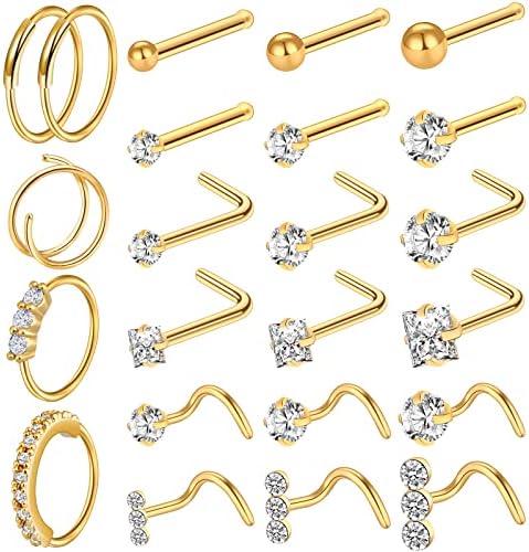 ONESING 23-40 Pcs Gold Nose Rings for Women 20G Nose Piercing Jewelry L Shape Nose Studs Nose Rings Hoop Nose Jewelry Gold Stainless Steel Studs Screw Body Piercing Jewelry for Women Men