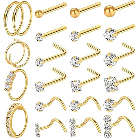 ONESING 23Pcs Gold Nose Rings for Women 20G Nose Piercing Jewelry L Shape Nose Studs Nose Rings Hoop Nose Jewelry Gold Stainless Steel Studs Screw Body Piercing Jewelry for Women Men Cover