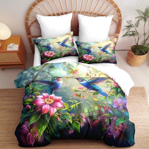 Ccoutuechen Botanical Flower Bird Comforter Set Full Size, Blue Hummingbird Microfiber Bedding Sets for Girls, Tropical Forest Soft Lightweight Down Alternative Comforter with 2 Pillowcases(79