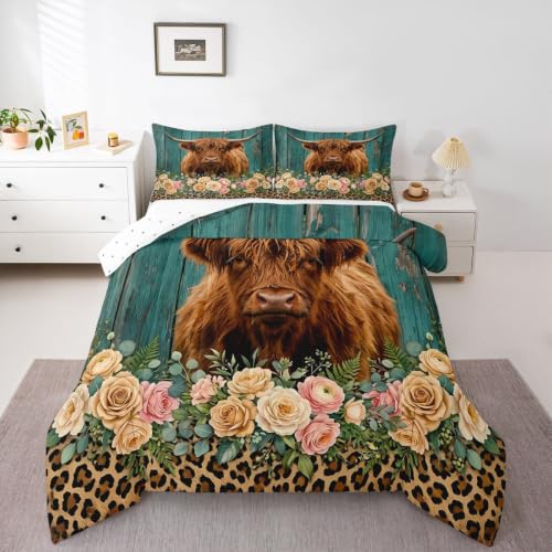 Image of Feelyou Highland Cow Bedding Set Leopard Floral Comforter Set for Kids Boys Girls Brown Safari Cheetah Animal Skin Comforter Teal Blue Wooden Decor Quilt Set Room Decor 3Pcs Full Size