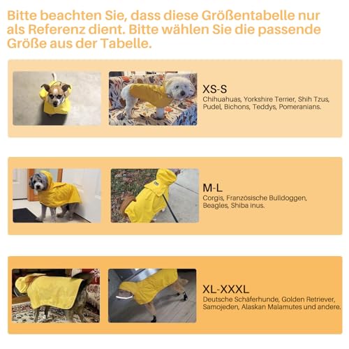 Eyein Wasserdichter Hunderegenmantel, Regenmantel für Große Hunde mit Kapuze und weichem Futter, Verstellbare Hunderegenjacke mit reflektierenden Streifen, Winddicht und leicht, Gelb, XXL
