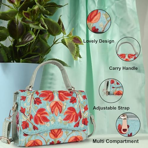 Image of Floral Embroidered Crossbody Sling Bag with Top Handle, Vintage Style Canvas for Women