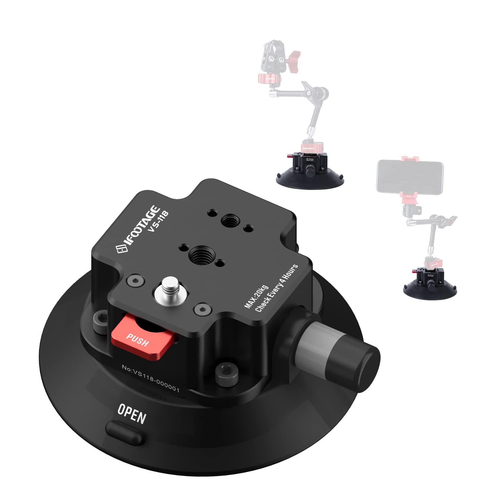 IFOOTAGE Vehicle Suction Cup VS-118, Camera Car Mount Payload 20KG, Remain 12 Hours Safe Attaching, 3/8" and 1/4" Threads, 3/8" and 1/4" Convertable