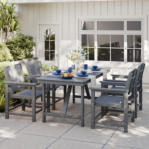 Image of 5 Pcs HDPE Outdoor Dining Set for 4 Patio Umbrella Hole Table and Chair Set | Dining Table with Umbrella Hole 4 HDPE Chairs with Fabric Outdoor Dining Furniture with Table&6 Chairs All-Weather Resistant