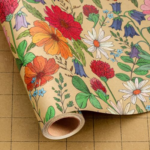 MAYPLUSS Kraft Floral Wrapping Paper Roll Wildflower Wrapping Paper for Girl Women Vintage Colorful Flower Gift Wrap for Wedding Birthday Mothers Day All Occasions (Mini Roll 17 In X 16.5 Ft)