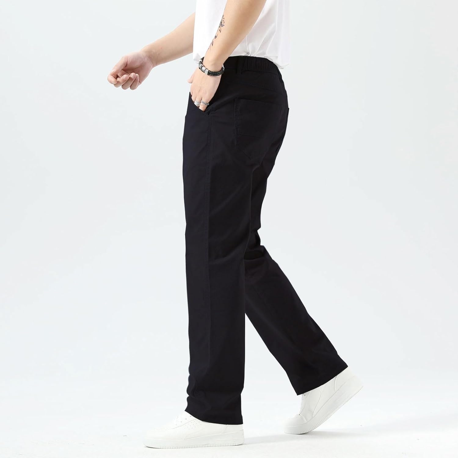 Plaid&Plain Men's Khaki Pants Stretchy Straight Fit with Side Pocket and Elastic Waistband - Image 6