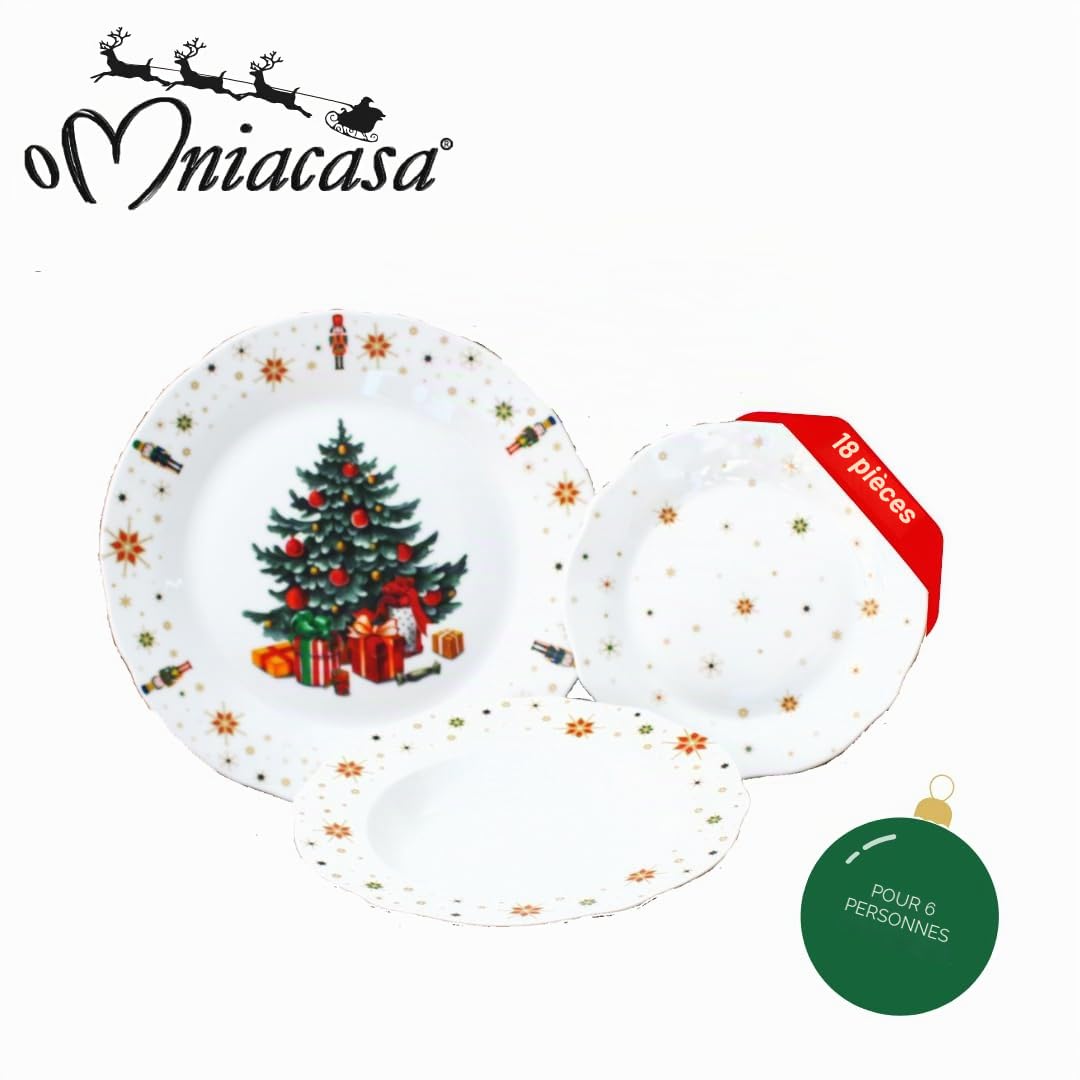 Service de Vaisselle de Noël en Porcelaine pour 6 Personnes avec Verres : 24 Pièces, Décorations avec Sapin de Noël Casse-Noix et Étoiles, Rouge et Blanc, Compatible Lave-Vaisselle et