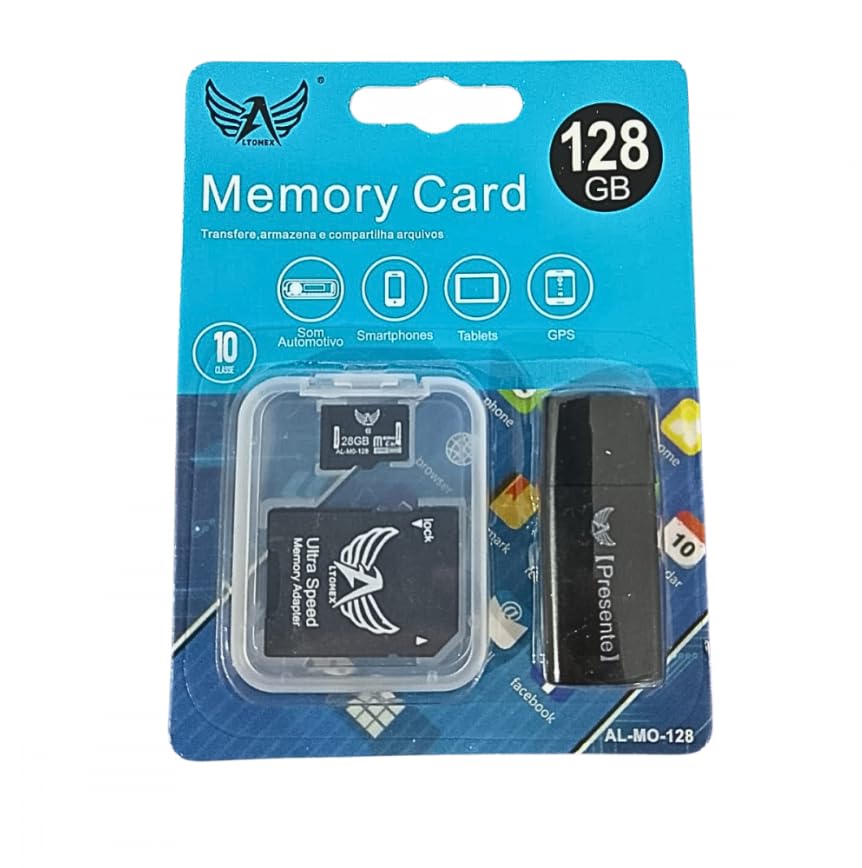 Cartão de Memória 128GB, Classe 10, para Smartphones e Tablets, com Adaptadores SD e USB