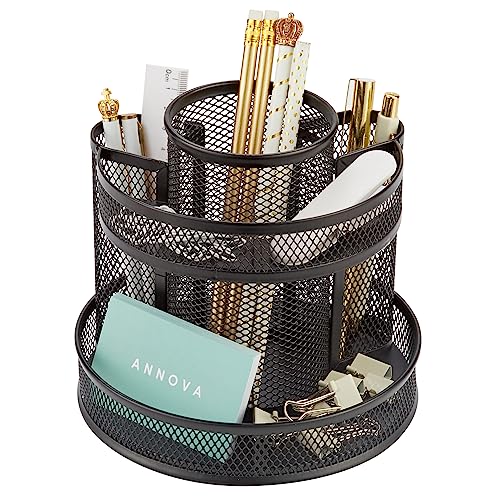 Annova Mesh Desk Organizer Rotate with 5 Compartments Round Spinning Tidy Candy/Pen Holder Desk Accessories Office, Art Supply, Storage, Classroom, Home (Black)