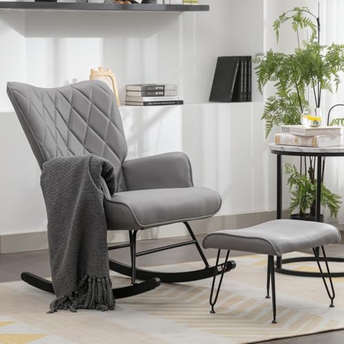 Image of AIWOEN Modern Upholstered Rocking Chair with Ottoman – High Back Glider for Nursery, Living Room, or Bedroom – Comfortable Armchair with Lumbar Support & Sturdy Wood Rockers (Grey Fabric)