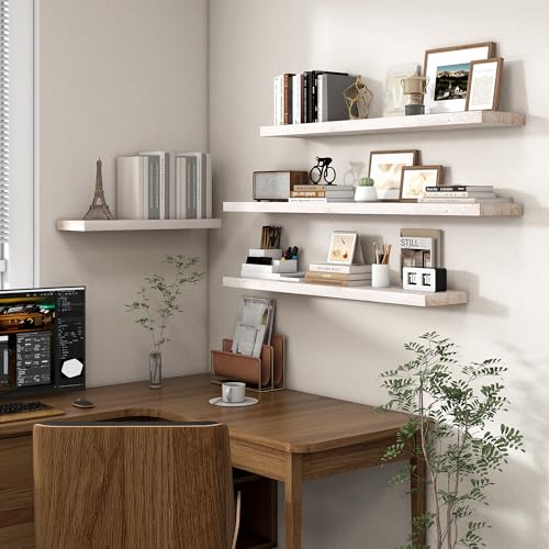 Image of Floating Shelves for Wall, 36in Reclaimed Elm Wood Shelves, White, 2PCs | 8in Deep Rustic Solid Elm Wood Wall Shelves for Storage, Wall Mounted, Invisible Metal Bracket