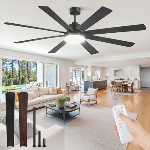 72 Inch Large Ceiling Fan with Remote, Indoor/Outdoor Industrial Ceiling Fan with Large LED Panel, Quiet Reversible DC Motor, 6-Speed, 3CCT, Black Ceiling Fans with Light for Patio, Livingroom, Garage by ZMISHIBO - Used condition - US$111.56