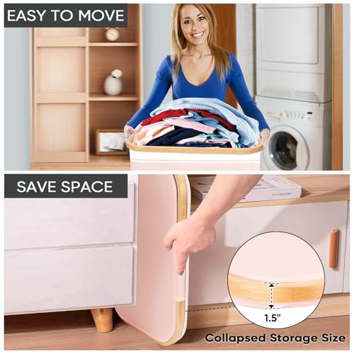 Image of BALEINE Laundry Hamper with Lid, Tall Laundry Baskets with Bamboo Pull Handles, Large Laundry Bin with Internal Support (26 Gal /100L, Pink Stripe)