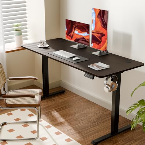 Image of ERGOMAKER Electric Standing Desk 140x60cm (55.1 inchx23.6 inch), Height Adjustable Sit Stand Desk with Splice Board for Home Office, Computer Desk Memory Preset (Black Frame +Black Walnut Desktop)