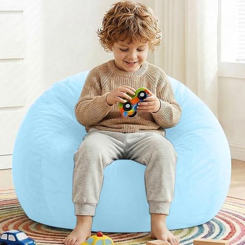 Image of Stuffed Animal Storage Bean Bag Chair Cover for Kids (No Filler), Soft Comfy Velvet Beanbag Chair Cover Machine Washable,Kids Bean Bag Chair with Handle for Living Room Bedroom Dorm,Light Blue