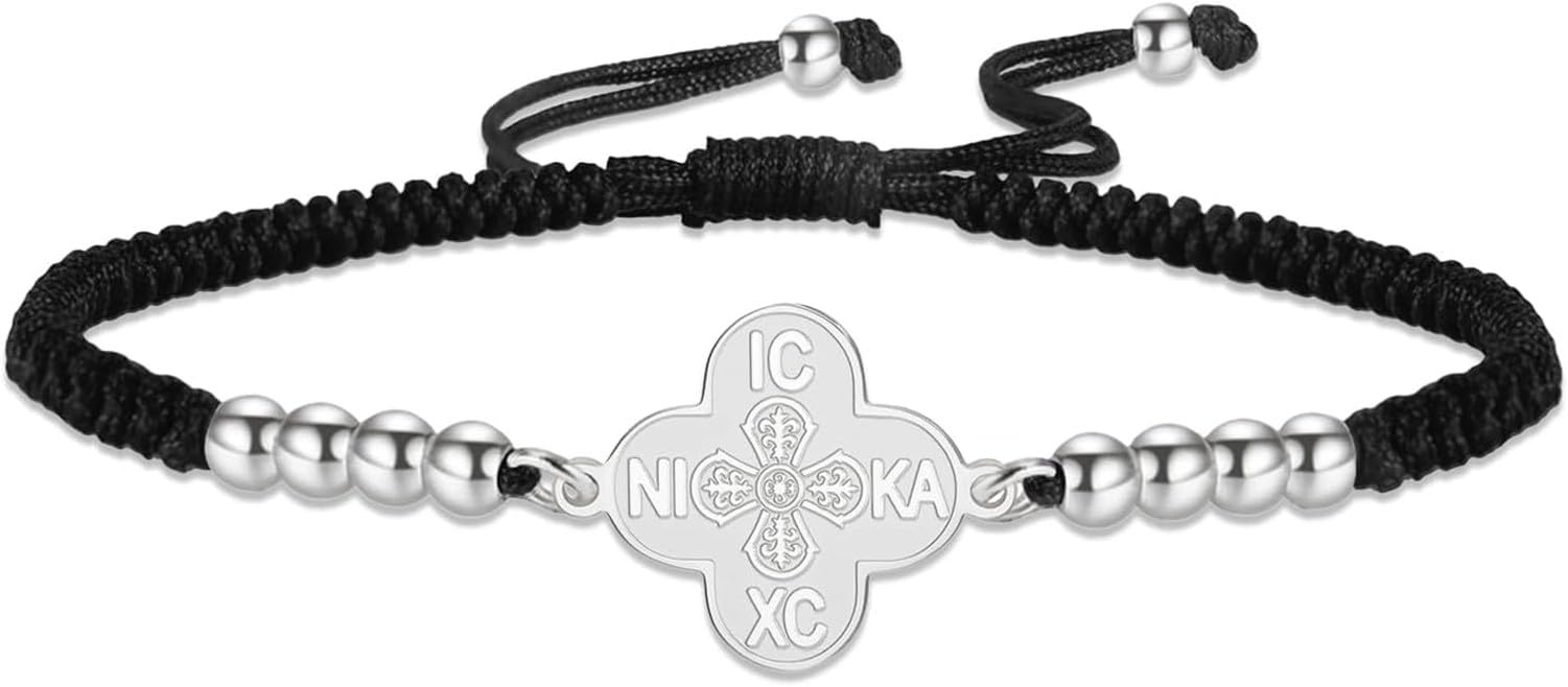Eouyt Orthodox Cross Bracelet IC XC NIKA with Four Leaf Clover Design, Stainless Steel Adjustable Handmade String Christian Jesus Religious Faith Gift Jewellery, Silver-Black String