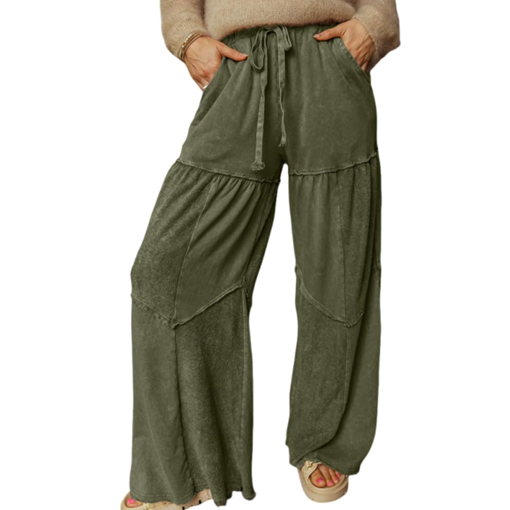 Melliflo Womens Wide Leg Pants Oversized Patchwork Drawstring Wash Tiered Pants Vintage Casual Long Sweatpants with Pockets