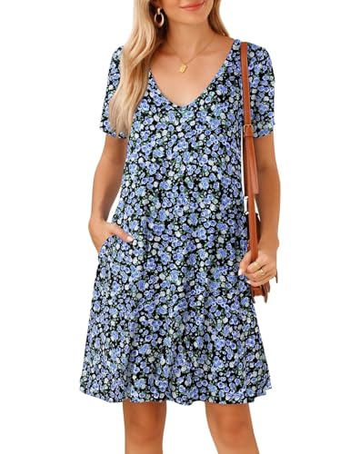Image of JollieLovin Women T Shirt Plus Size Summer Swing Dresses Short Sleeve V Neck Loose Casual Dress(L-5X)