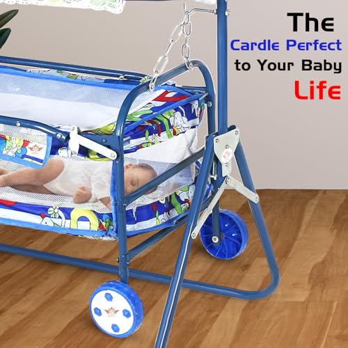 Image of Baby Cradle with Canopy and Wheels, Blue Cartoon Print | Portable Bassinet, Safety Mesh