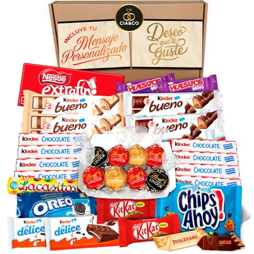 Lote envuelto para Regalo con +35 Bombones y Chocolates Lindt Lindor, Kinder Bueno, Chocalate, Toblerone y Más · Un Regalo Increible para Día de la Madre · Con Tarjeta y Texto Personalizada