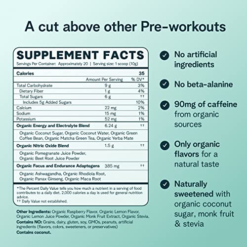 Ora Organic 1155P Natural Pre Workout Powder - Raspberry Lemonade Flavor- Provides Jitter Free Energy, Focus, Hydration, & Endurance - Vegan thumb #3
