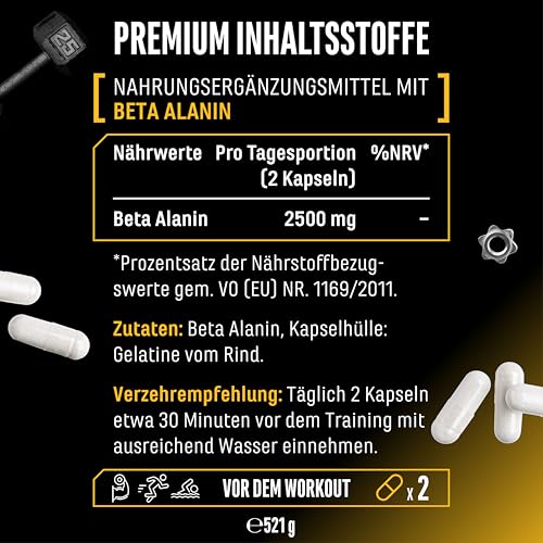 Beta Alanin Ultra Caps - 365 Kapseln - Hochdosiert mit 1250 mg je Kapsel - Beta Alanin Aminosäure mit 99% Reinheit - Ohne unerwünschte Zusätze