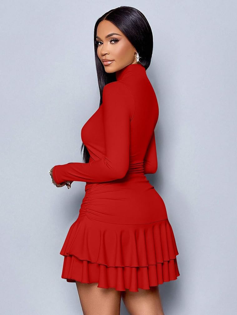 LAGSHIAN Women's High Neck Ruffle Hem Mini Dress Long Sleeve Ruched Short Club Party Dresses - Image 7