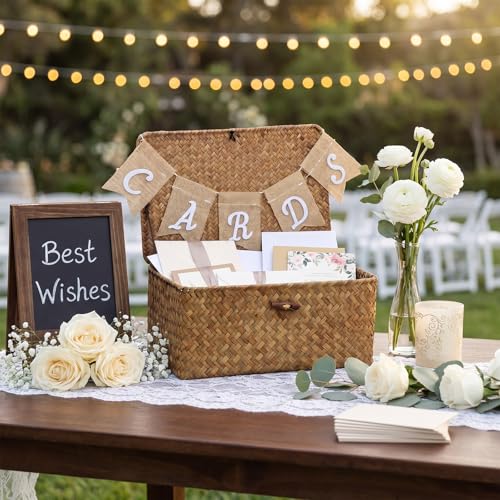 Image of Geelin Sea Grass Wedding Card Basket With Letter Flag Decorative Wedding Card Woven Post Box Suitable For Baby Showers Birthdays Graduation Ceremonies Bridal Showers (Coffee)