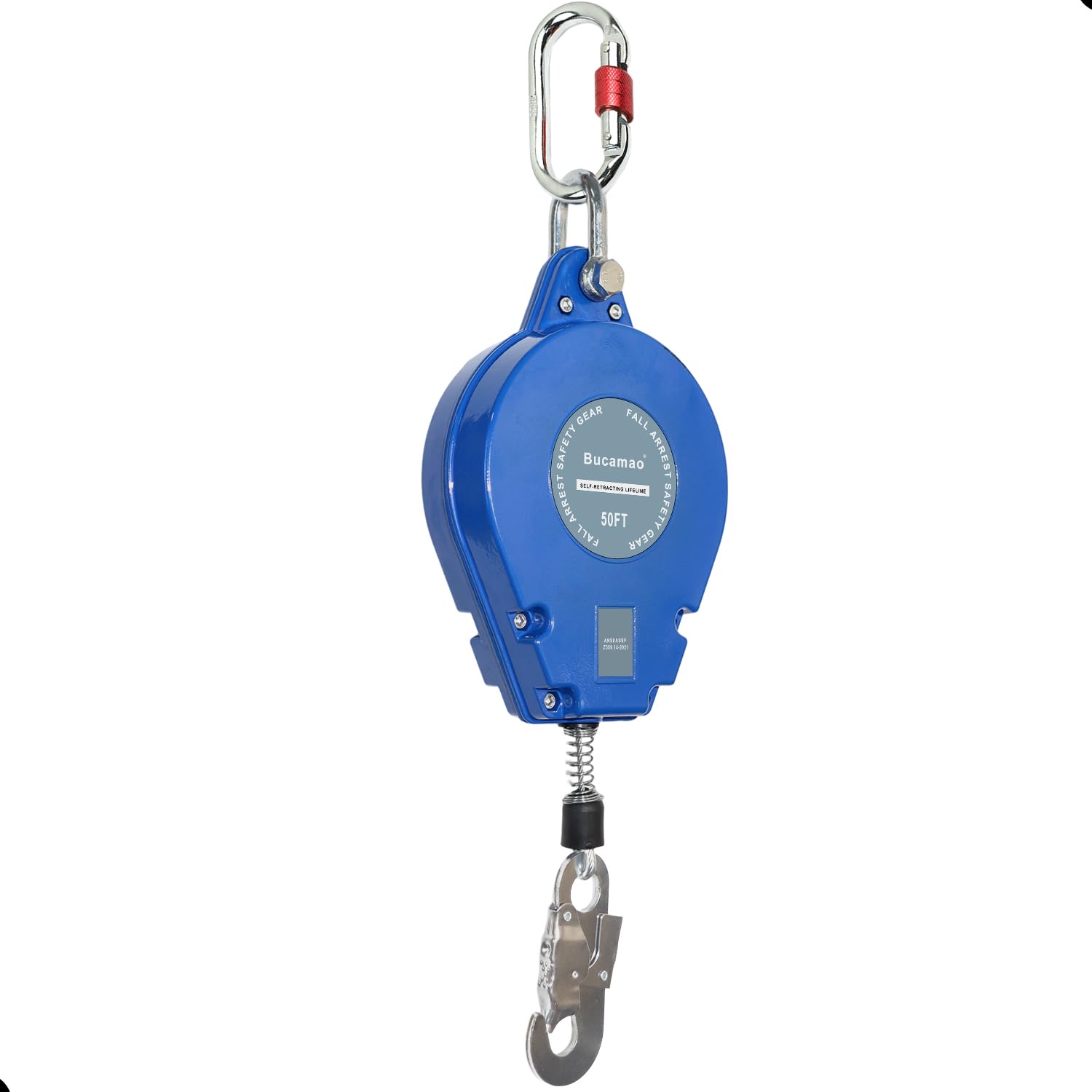 Photo 1 of Bucamao 50FT Self Retracting Lifeline, Fall Protection Steel Wire SRL, Aluminum Housing Safety Retractable Lanyard, PPE Roofing Gear