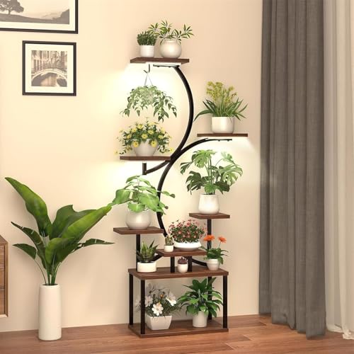 Support de Plantes à 8 Niveaux avec Lumière de Croissance - 155 cm - Support de Fleurs en Métal - Étagère à Plantes en Bois - Pour l'intérieur et l'extérieur - Étagère Décorative pour Salon, Balcon