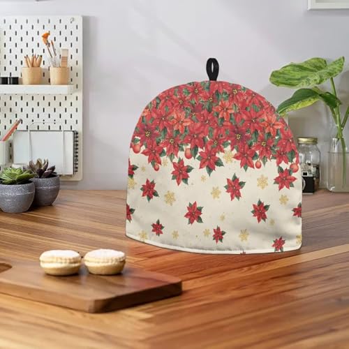 Image of Tea Cosy Tea Pot Cozies with Top Handle Decorative Accessories for Teapots Kitchen Home Table Breakfast Warmer Dust Cover Christmas Poinsettia Flowers