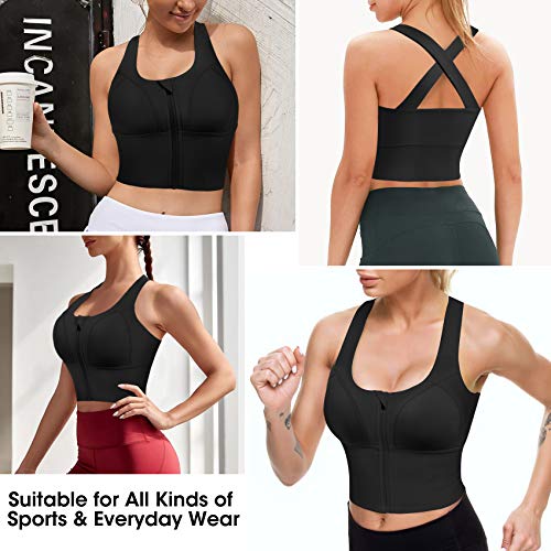 Women Zip Front Sports Bras Longline Fitness Crop Tops Tank Gym Yoga Workout Shirts (Black, Medium) #TOP6