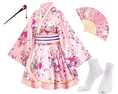 Japanese Anime Women's Dance Kimono Robe Fancy Dress Yukata Silk Folding Fans Tabi Hairstick Socks Set Pink Small #TOP5