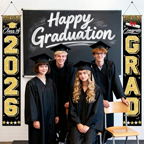 Image of PARTY KNIGHT Graduation Decorations 2026 - Black and Gold Graduation Banner Class of 2026 Congrats Grad Party Supplies Decorations Door Banner 2026 for Graduation Decor
