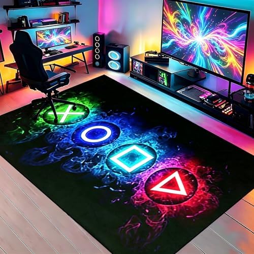 Games Area Rugs, Gamer Rug for Boy Cool Player Room Decor, Gaming Carpets for Boys Teens, Child Play Soft Floor Mat for Dining Living Room Sofa, Video Game Decor Decorate Doormats Black