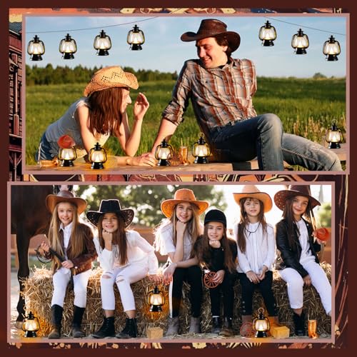 Image of 24Pcs Cowboy Theme Party Decoration, Western Cowboy Party Centerpieces, Mini Cowboys Hat Lantern Horseshoe Wagon Wheel Hay Bales for Western Wedding Birthday Vintage Ornament Decor