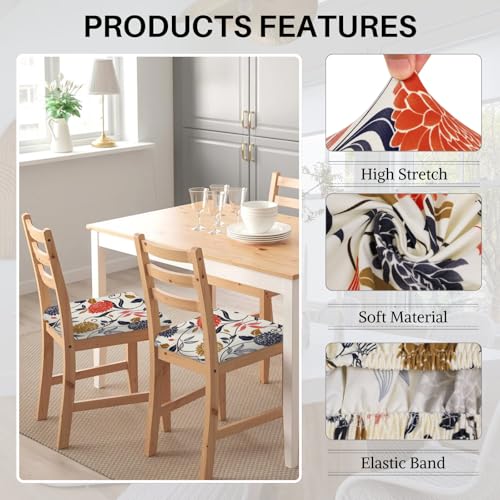 Image of SearchI Water Repellent Seat Covers for Dining Chairs, 4 Pack Jacquard Stretch Dining Room Chair Seat Covers, Kitchen Chair Seat Covers Protectors(Orange Flower)