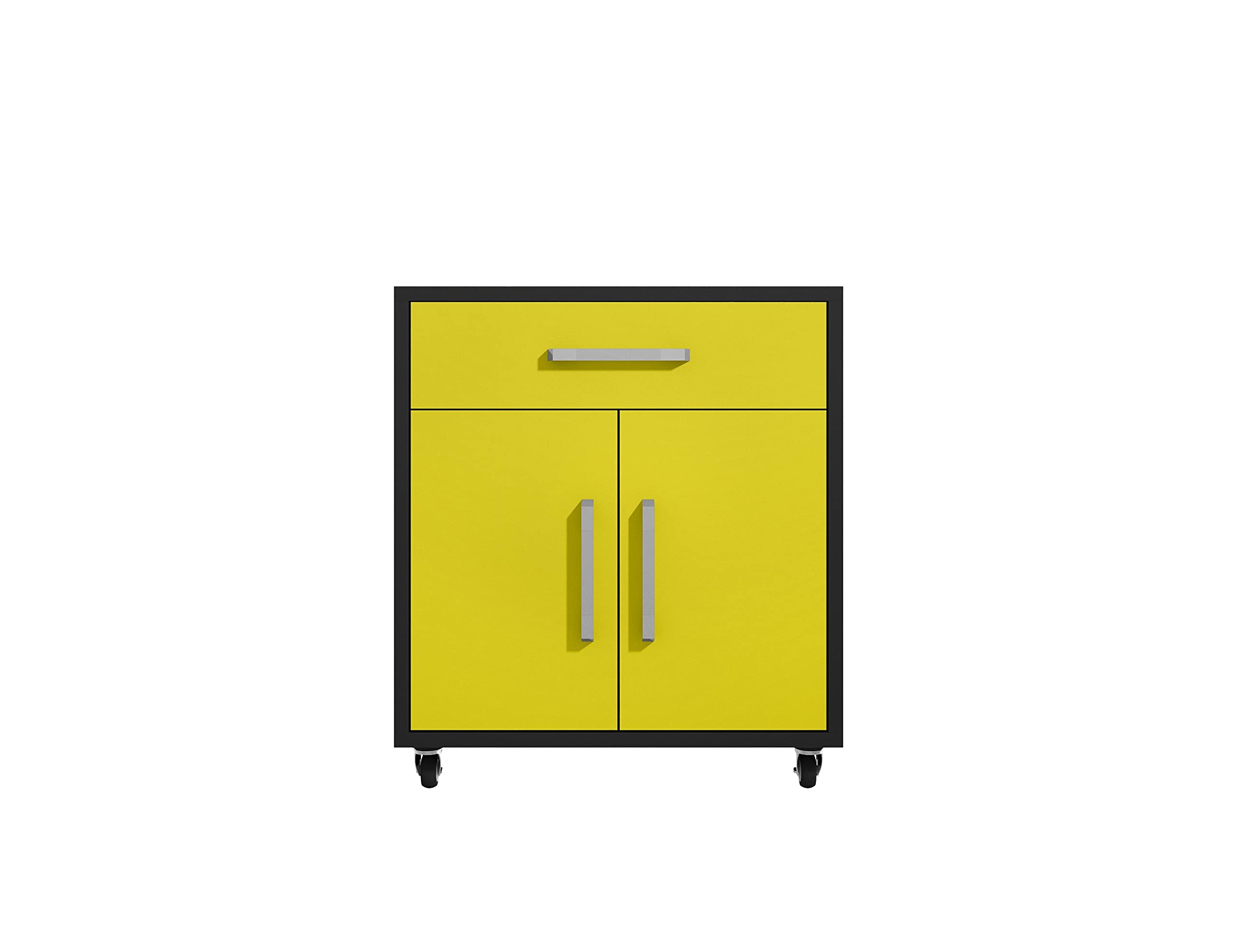 Manhattan Comfort Eiffel 28.35" Rolling Garage Cabinet with 1 Drawer, Soft Close Doors, and 2 Shelving Spaces, Wooden Mobile Outdoor Storage for Kitchen Pantry, Laundry, Office and Shop, Yellow