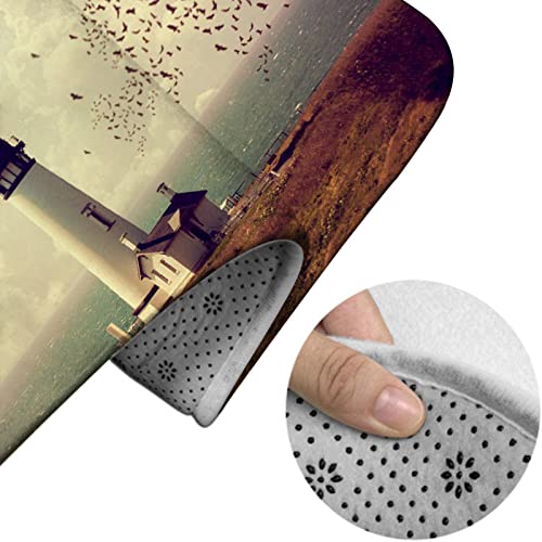 Badezimmerteppich-Set, 3-teilig, Meereslandschaft, Leuchtturm und Möwe am Meer, bewölkter Himmel, waschbare Badeteppiche, rutschfest, mit Rückenpolster, Konturteppich und Toilettendeckelbezug – Bild 5