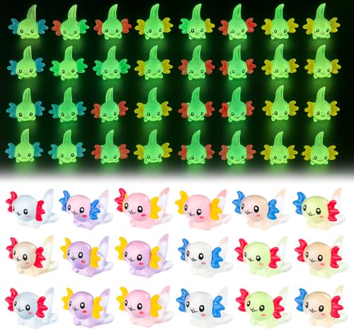 Valicaer 48 Stück Mini Axolotl Spielzeug,Leuchtender Mini Axolotl Figuren aus Kunstharz für Aquarium und Puppenhaus Deko, Bunte Kleine Axolotl Anhänger für DIY Garten und Landschaft